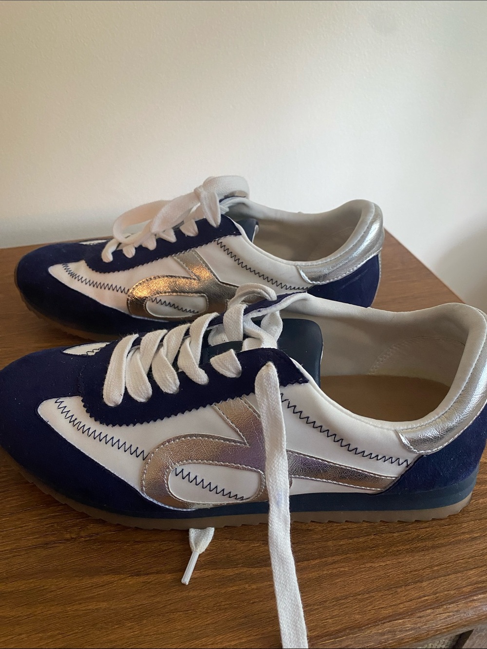 Women's Navy and White Metallic Accent Sneakers